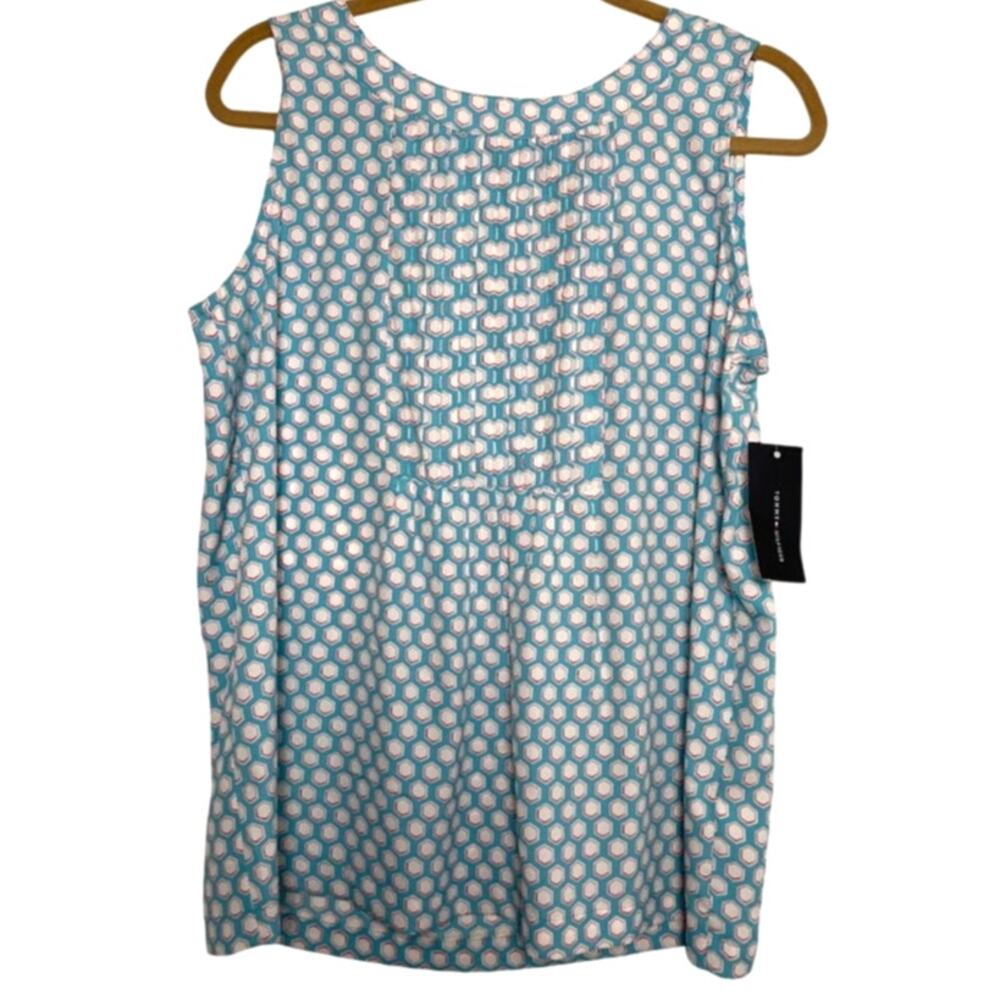 Tommy Hilfiger Womens Geometric Print Top Pintuck‎ Neck Blouse Blue Size L New